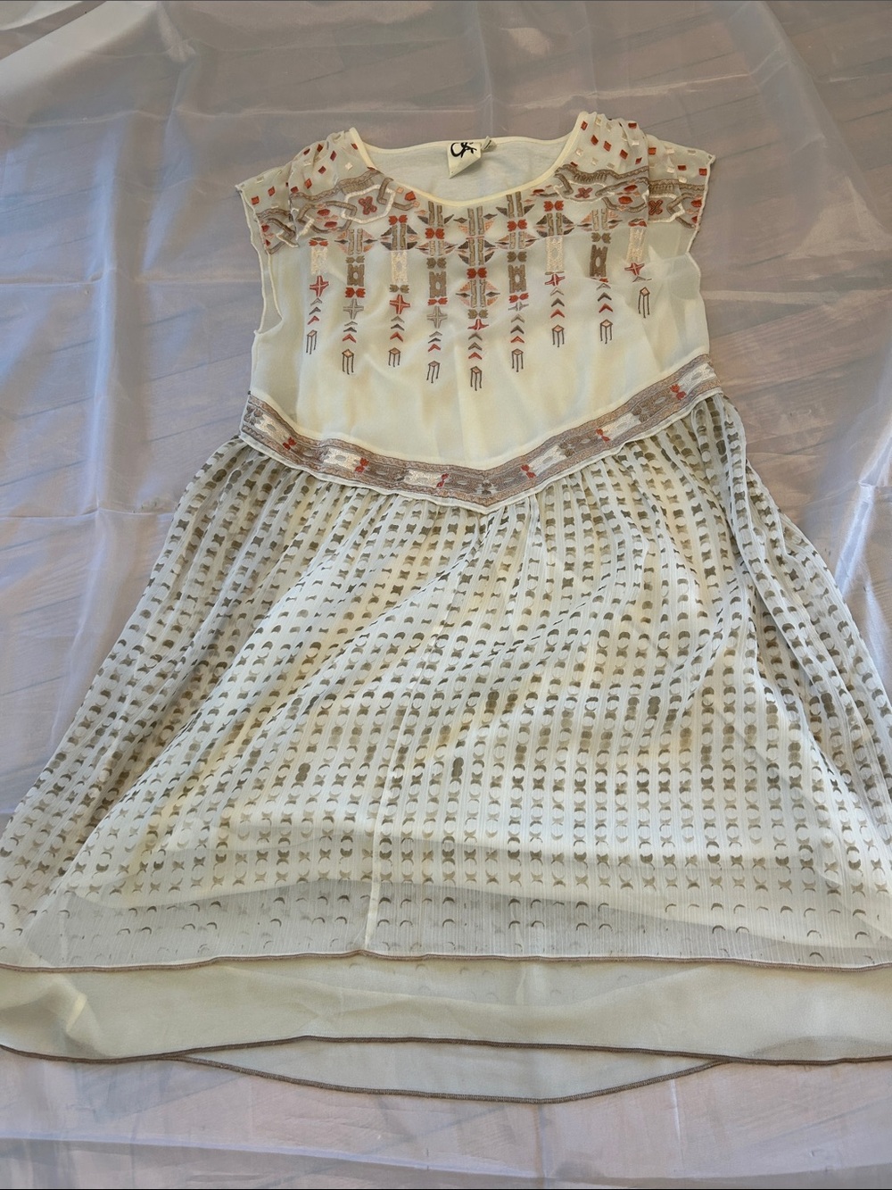 One September Anthropologie Cream Embroidered Tank with Coral and Taupe Accents